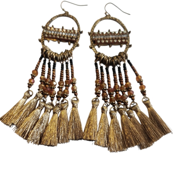 Jewelry - BRONZE & GOLDEN BEADED TASSEL FAUX RHINESTONE BOHO CHIC BOHEMIAN FESTIVAL EARRIN